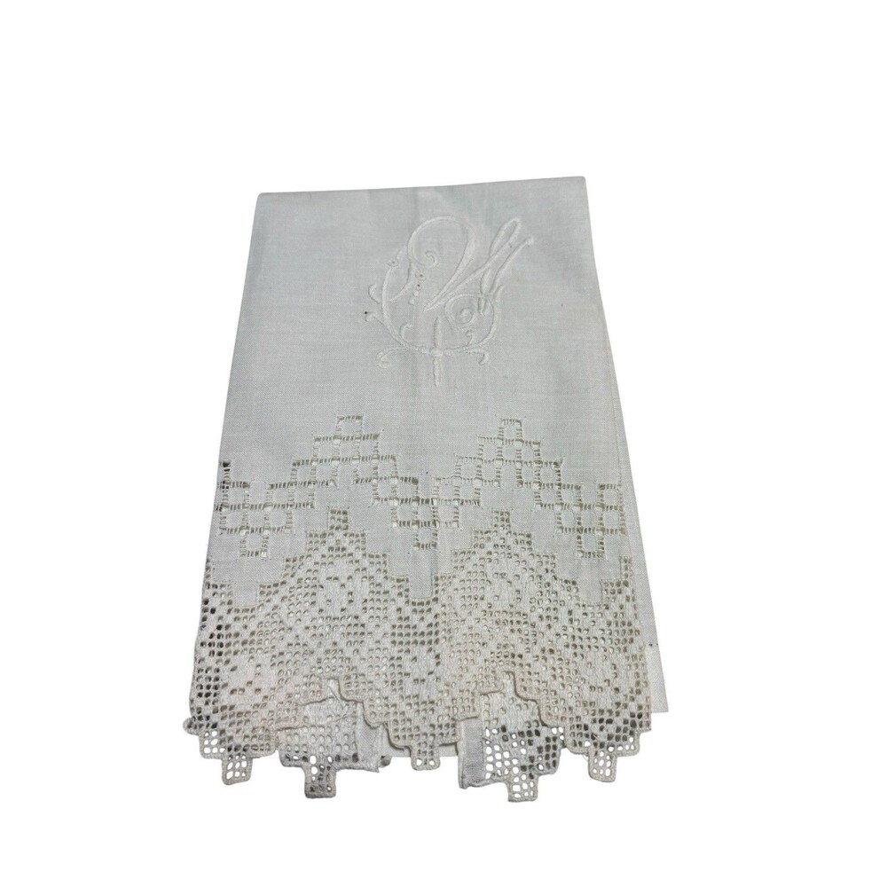 Vintage Monogram W Linen Cutwork Lace Guest Towel Cream 12x20